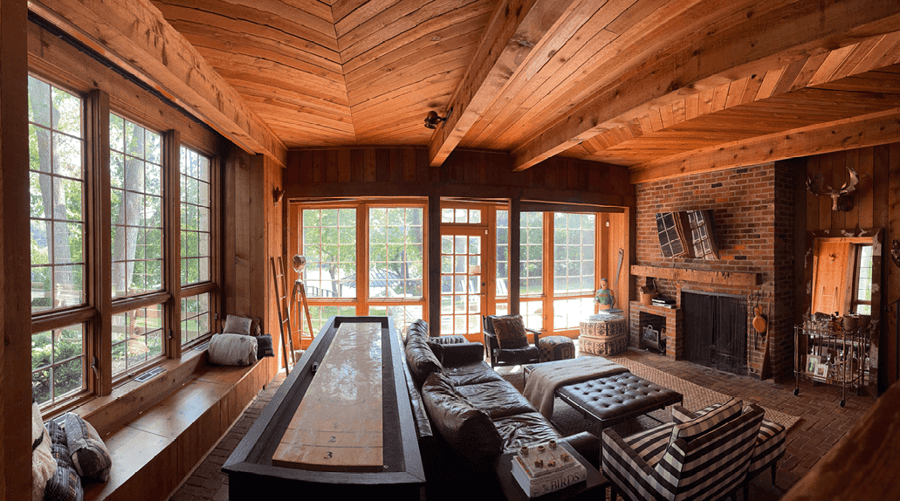 family room with wood ceiling and view of scioto river