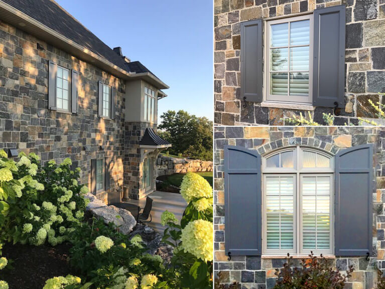 collage of a stone home’s custom panel exterior shutters with decorative hardware