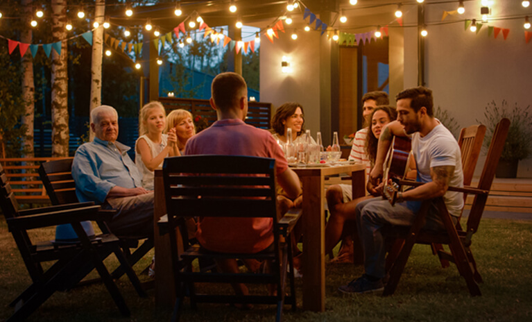 add soft string lights or fixed patio lighting to extend your outdoor gatherings during Fall