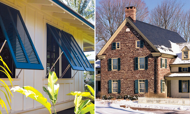 coastal home with functional wood bermuda shutters and a stone home during winter with wood shutters