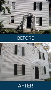 photo showing replacement shutters before and after tree damage