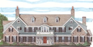 drawing of home with custom blue exterior shutters