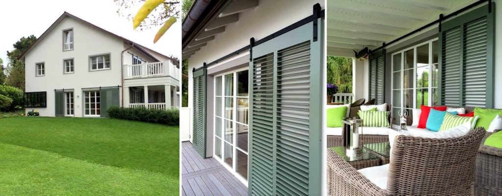 Sage green rolling opening Bermuda shutters