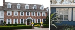 White panel shutters with seahorse cutouts on blue house and white panel shutters on red and tan stone house