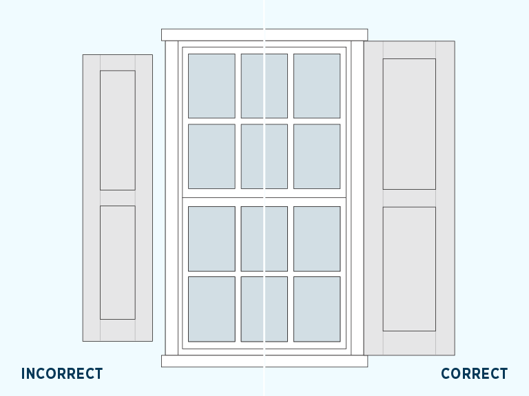 detailed illustration between incorrectly sized shutters and correctly sized shutters on window casing
