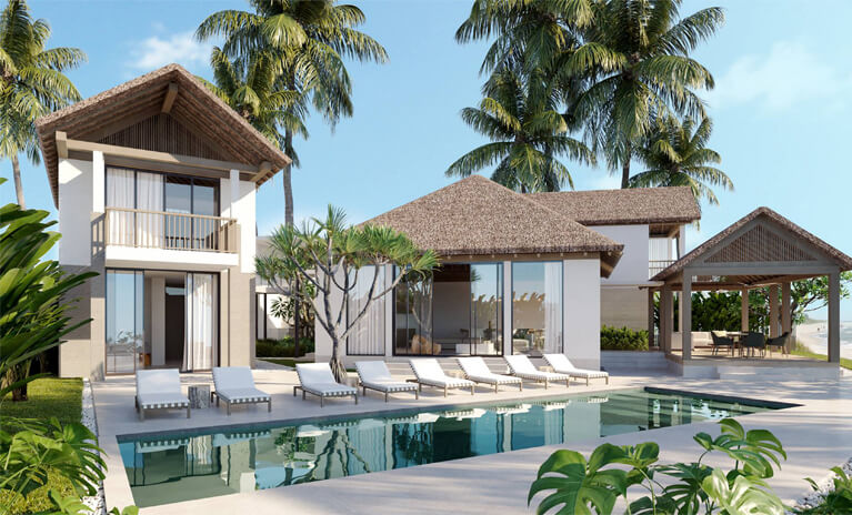 outdoor area of coastal home with private pool and cabana