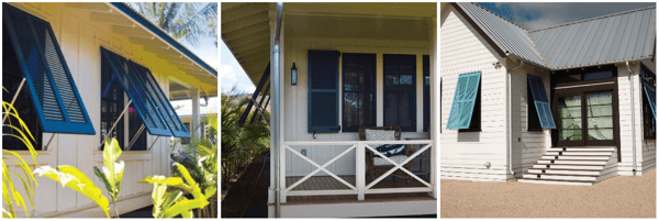 Blue louver and bermuda shutters on white beach homes