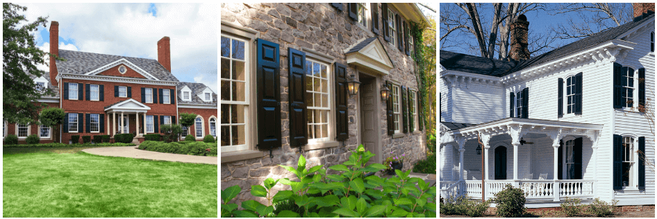 black panel and combination louver shutters on brick, stone and white victorian homes