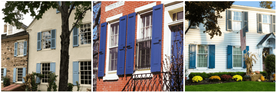 blue panel and louver shutters on tan stucco, brick and white vinyl siding homes