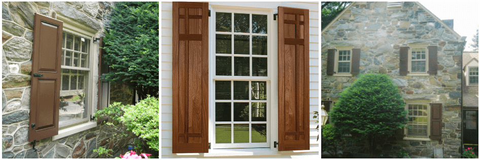 brown panel and mission style shutters on gray stone homes