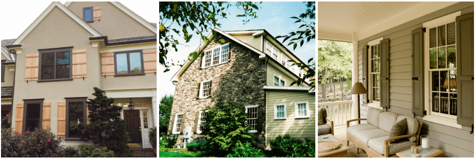 earth tone panel, louver and board and batten shutters on tan stucco, stone and vinyl siding homes