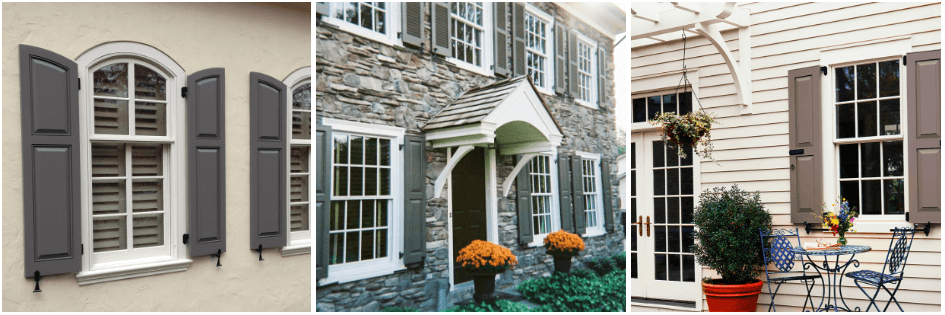 gray panel shutters on stucco, stone and vinyl siding homes