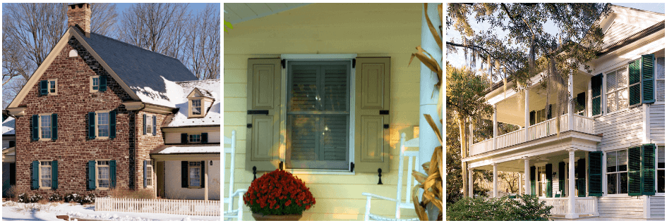 green panel and louver shutters on stone, yellow and white homes