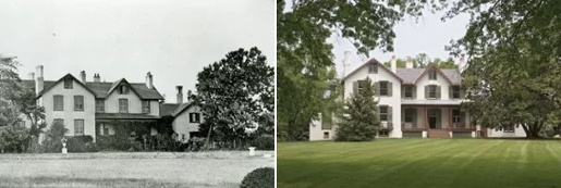 before and after photo showing green louver shutters on lincoln cottage