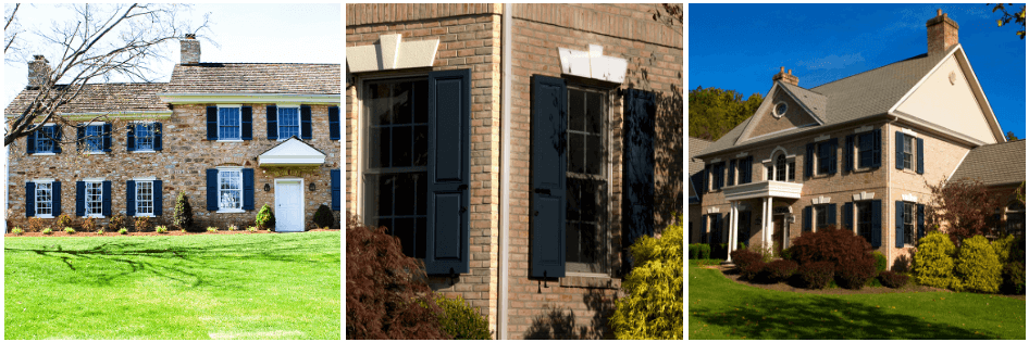 navy blue panel shutters on tan stone and brick homes