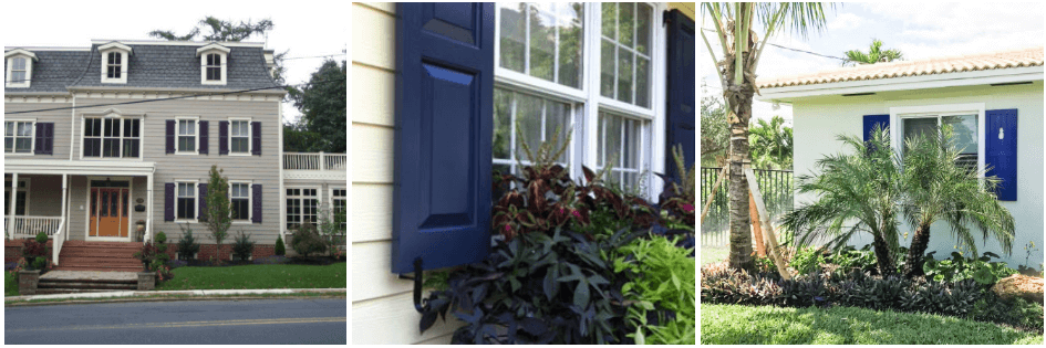 purple panel and louver shutters on gray and white homes