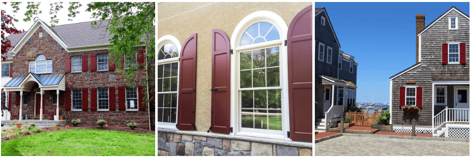 red panel and board and batten shutters on red stone, tan stucco, and wood homes