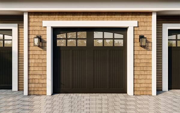 black 308 garage door on wood shakes garage front cropped-social edit